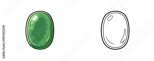 Green polished jade stone vector illustrations shown in colored cartoon and black outline linear styles, rich emerald green hues, representing smooth gemstone on white background