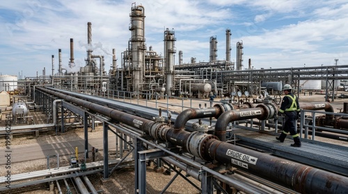 Worker Walking on Pipeline in Oil Refinery Industrial Facility