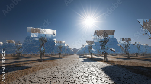 Massive array of heliostat mirrors at a concentrated solar power plant.