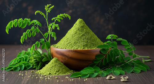Bright green moringa leaf powder in wooden bowl with fresh leaves and seeds on table