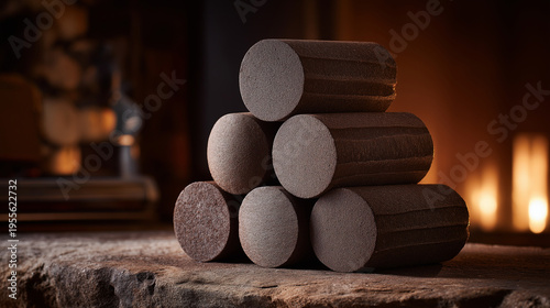 Stack of bio-fuel logs made from recycled coffee grounds on a hearth.