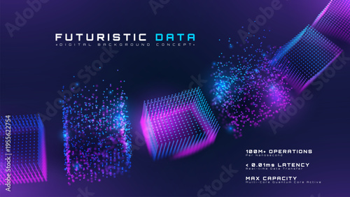 Abstract futuristic data digital background with glowing neon blue and purple particle cubes.