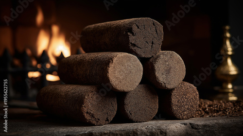 Stack of bio-fuel logs made from recycled coffee grounds on a hearth.