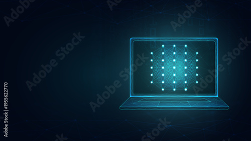 Neural Network Visualization on Laptop Screen, Artificial Intelligence and Deep Learning Concept