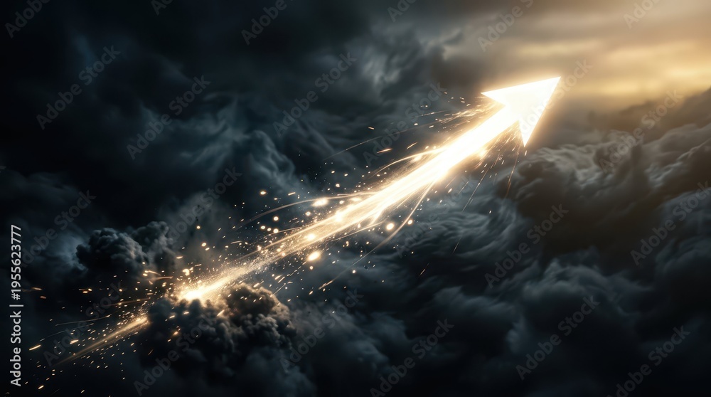 Fototapeta premium Dynamic Arrow Moving Through Dark Clouds with Glowing Sparks