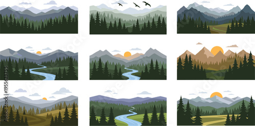Mountain landscape collection with forest river sunrise and sunset scenes in flat design style nature backgrounds vector illustration set