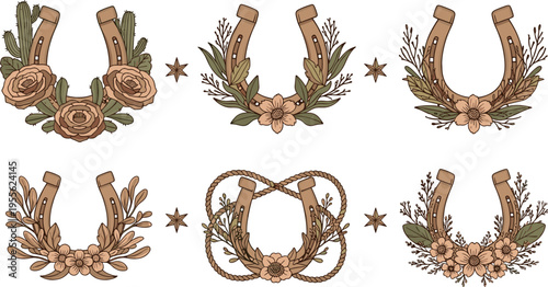 Rustic horseshoe floral arrangements collection with dried flowers leaves and western boho elements in hand drawn vintage vector illustration set