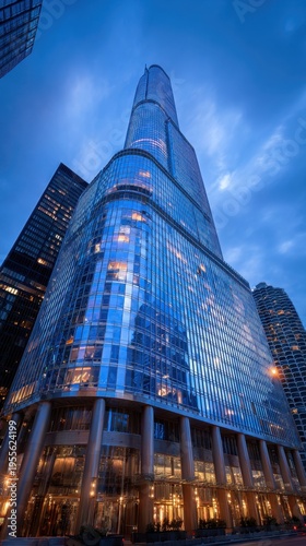 Low angle view of illuminated glass skyscraper against dramatic blue evening sky, contemporary urban architecture concept.