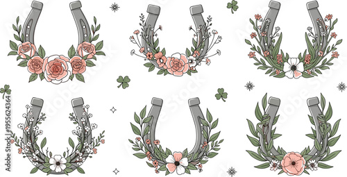 Floral horseshoe collection with blooming flowers leaves and lucky symbols in elegant hand drawn vintage style vector illustration set