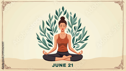 Woman meditating in lotus position with green leaves behind her on beige background