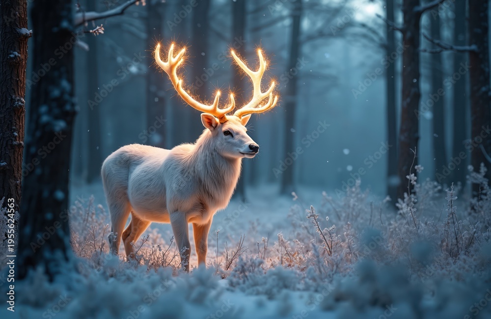 Fototapeta premium White deer with glowing antlers stands in a snowy forest. Magical winter woodland scene. Animal, nature, fantasy, mythical creature, wildlife. Sparkling light and mist.