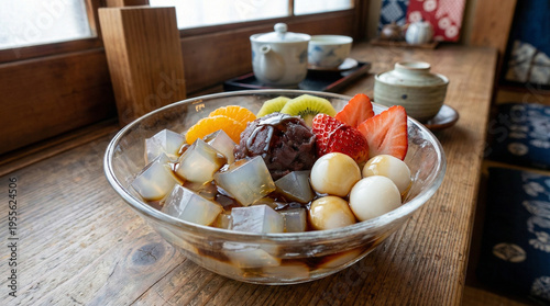 伝統的な和菓子、苺とキウイを添えた具だくさんのあんみつ