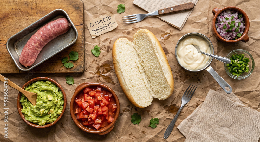 custom made wallpaper toronto digitalA hyper-realistic flat lay of Chilean Completo hot dog ingredients