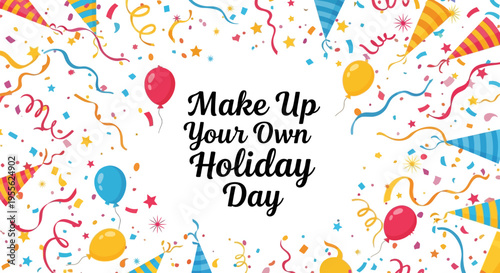 Colorful illustration of a festive celebration background with party hats, confetti, and balloons, featuring the text 'Make Up Your Own Holiday Day' in a playful design.