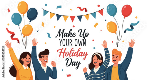 Vector illustration of a lively celebration scene with people rejoicing, colorful balloons, and confetti, promoting a custom holiday concept with a playful and creative atmosphere.