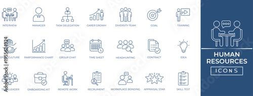 Human resources and teamwork line icon set. Resume, employee, career growth teamwork, job interview, Featuring HR, hiring, skills, and training. Ideal for apps, UI, and business us.