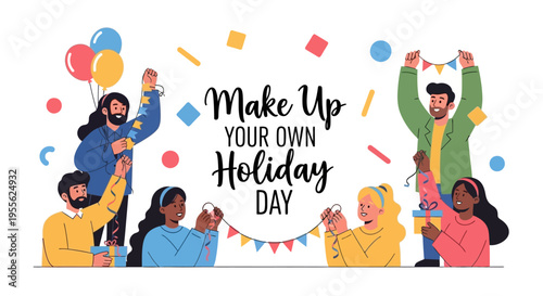 Vector illustration of diverse people celebrating, making up their own holiday day with colorful decorations and joyful expressions on a white background.