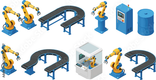 Black silhouette illustration of industrial automation system with robotic arms, conveyor belts, and machinery, showcasing modern manufact