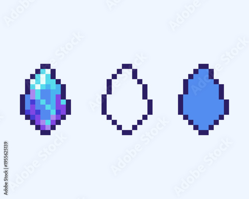 Magic Power Crystal Gem Set Pixel Art. Set of three pixel art magic crystals, perfect for indie RPG game developers creating ancient power gems or magical crafting ingredients