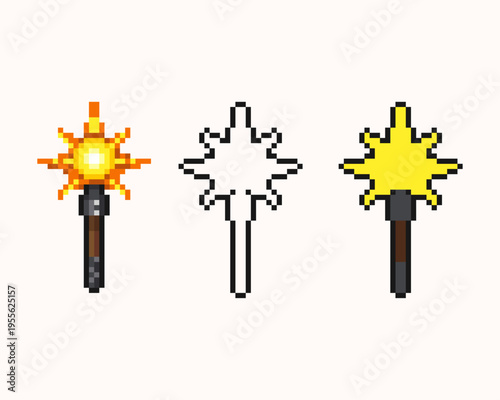 Sunfire Mage Staff Set Pixel Art. Pixel art sun-themed staves, perfect for spellcasting characters, light magic users, or rare magical artifacts in any retro style game
