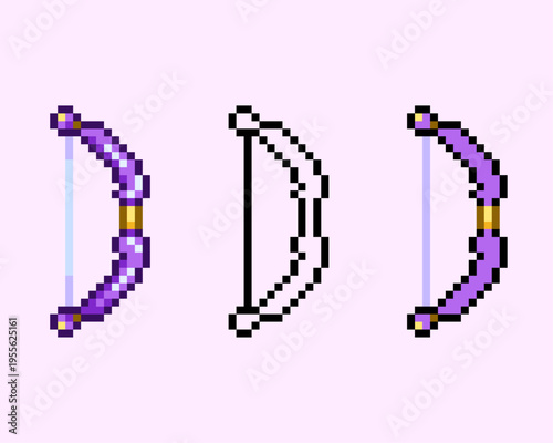 Mystical Purple Bow Weapon Pixel Art. Set of three pixel art purple bows, perfect for archer class characters, long-range combat mechanics, or epic loot drops in fantasy RPG games