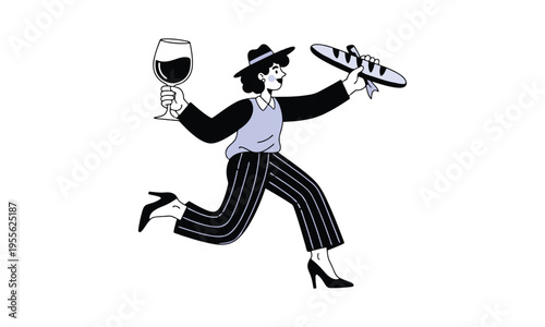 Woman in hat running with wine glass and baguette, french lifestyle, Single Person