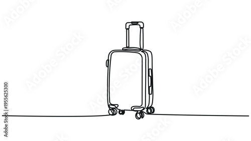 A rolling suitcase standing upright on a flat surface