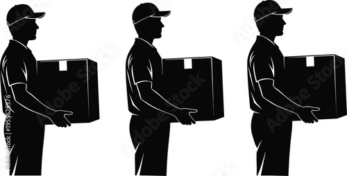 Delivery worker silhouette carrying box package courier service logistics shipping transportation man holding parcel isolated white background professional concept