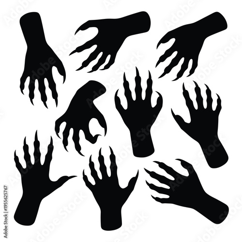 A collection of silhouetted clawed hands against a white background