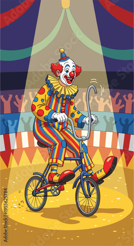 Clown riding tiny bicycle in circus ring, funny vector illustration