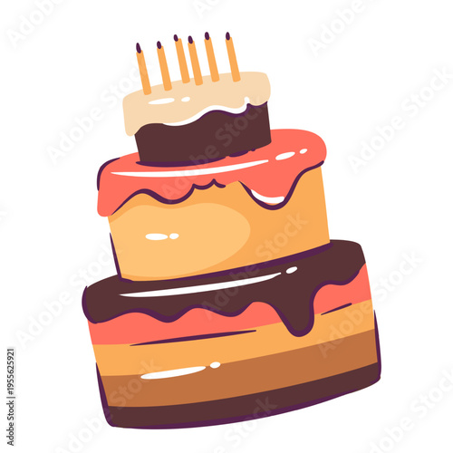 Birthday cake with three stacked layers, dripping icing and candles on top. Party decor, greeting card and celebration design with birthday cake, cartoon vector illustration