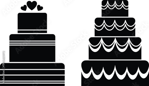 Black silhouette illustrations of multi-tiered cakes with decorative patterns and heart toppers, perfect for wedding, celebration, party design, event planning, and stock purposes.