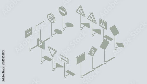 A collection of various road and traffic signs.