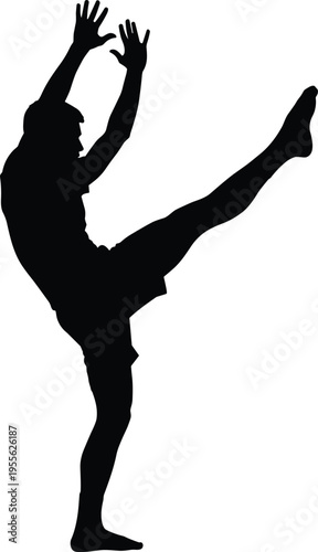 Black silhouette of person performing dynamic high kick with raised arms, athletic posture representing martial arts, dance, gymnastics, balance, flexibility, and strength training