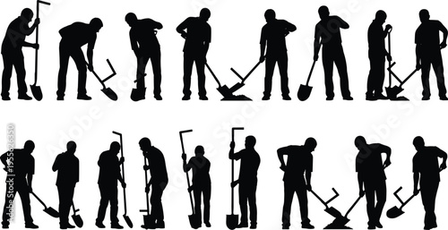 Labor worker silhouettes set, digging shovel tasks, manual construction work, industrial laborers, maintenance activity, workforce concept, physical job, tools usage, groundwork