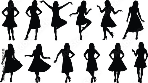 Collection of twelve black silhouette illustrations of women in dresses and high heels, expressive poses for fashion, dance, art, animation, and design concepts