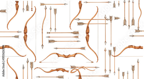 Collection of black silhouette illustrations of bows and arrows in diverse styles including longbows, recurve bows, and compound bows, design for archery, sport, and history concepts