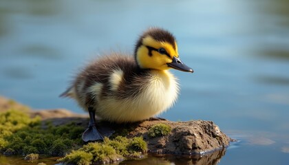 Small fluffy duckling with yellow and brown feathers sits on mossy ground near water. Cute baby bird looks forward with big eyes. Animal explores wild nature habitat on spring day.