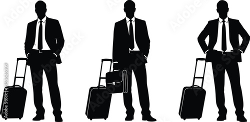 Businessman silhouette with suitcase travel luggage professional corporate worker airport journey executive standing with bag isolated white background concept