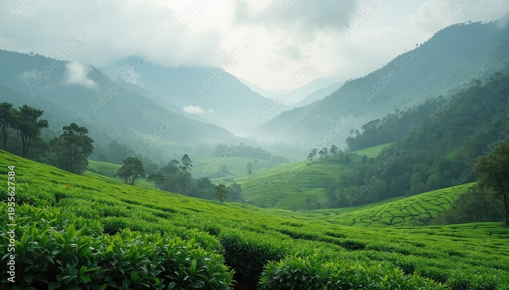 Naklejka premium Rich green tea plantation terraces climb misty mountains. Foggy valleys create serene natural landscape. Verdant hillsides show agricultural farming. Fresh tea leaves grow in lush scenery.