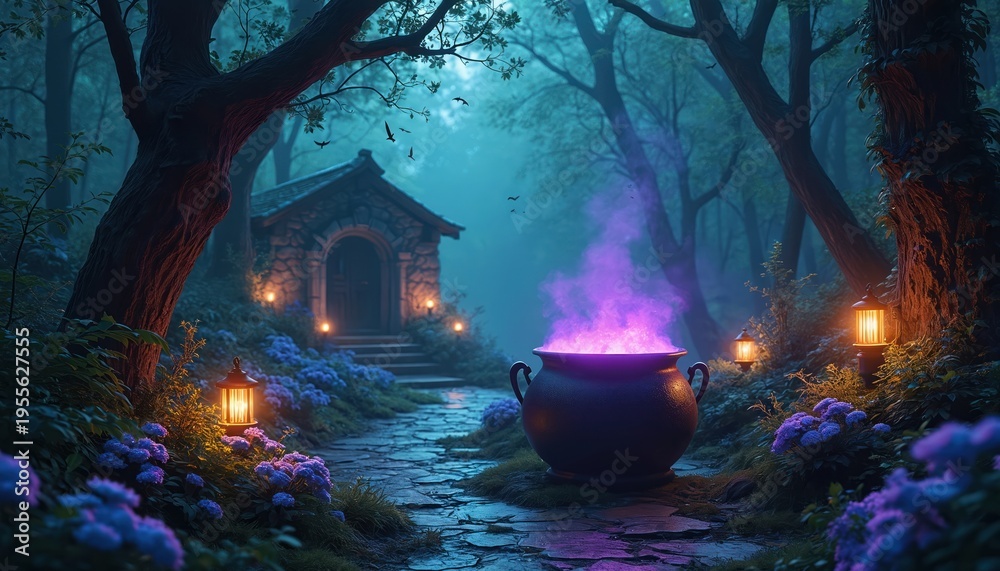 Obraz premium Mystical forest scene features witch cauldron with purple smoke near stone house. Lanterns glow on path by blue flowers. Enchanted woods setting for fantasy, magic, and spooky themes.