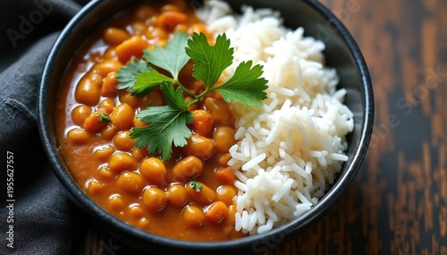 Indian lentil dal is served with fluffy basmati rice and fresh cilantro in dark bowl. This aromatic and spicy dish offers healthy and flavorful meal. It is delicious vegan option for lunch or dinner.