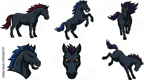 Set of Dark Horses with Fiery Manes in Various Poses and Expressions for Animal, Fantasy, and Mythological Design Projects