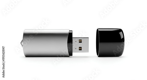 USB Flash Drive and Black Cap Isolated on White Background