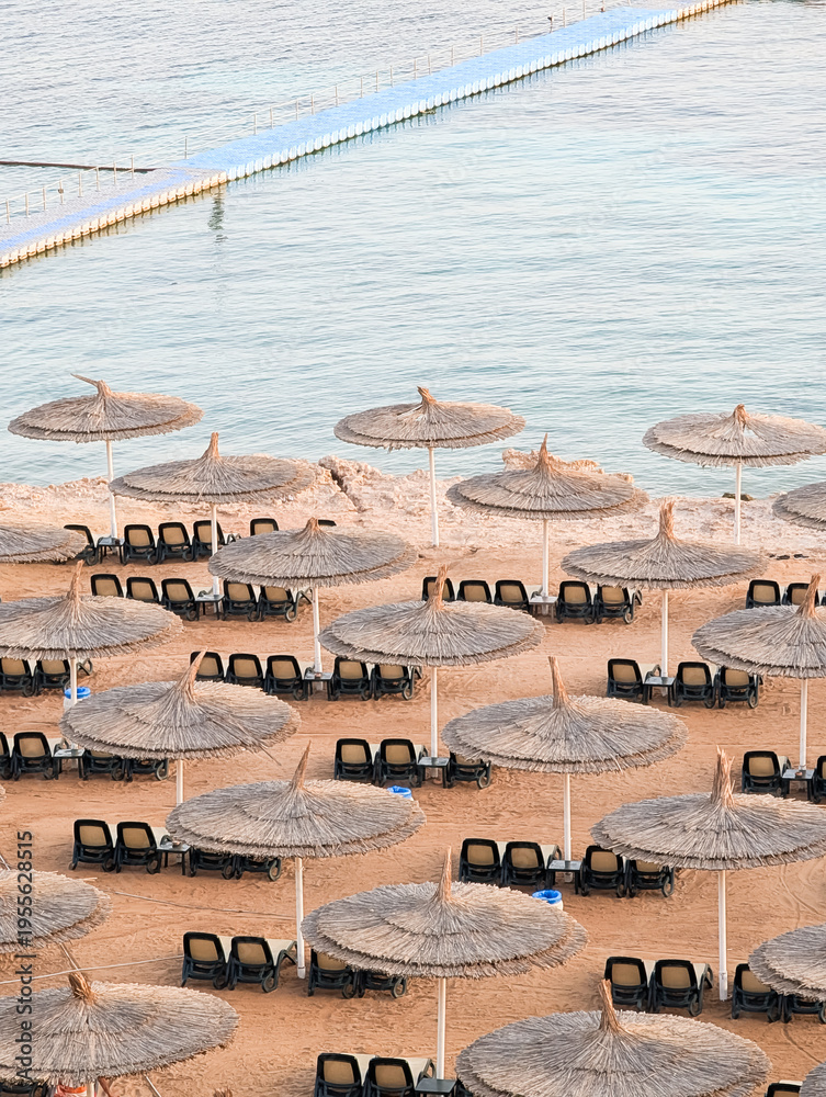 Fototapeta premium Aerial view of rows of straw beach umbrellas and sun loungers on a sandy beach at a luxury resort in Sharm El Sheikh, Egypt, bordering the clear turquoise waters of the Red Sea.
