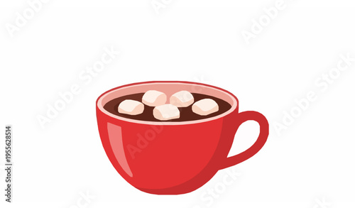Hot chocolate with marshmallows in red mug cozy winter drink vector illustration isolated on white