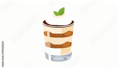 Layered tiramisu dessert in glass with whipped cream and mint garnish flat vector illustration isolated on white