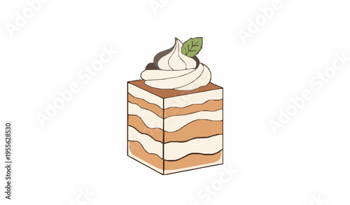 Elegant tiramisu dessert vector with cream layers and mint garnish minimal food illustration isolated on white