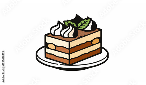 Tiramisu slice on plate with whipped cream and mint bold layered dessert vector isolated on white