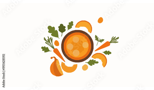 Pumpkin soup with seasonal vegetables rustic composition autumn food vector illustration isolated on white